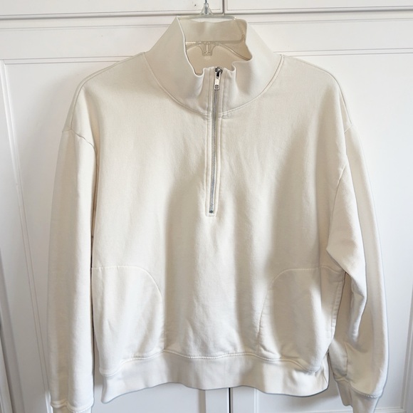 Mate The Label Organic Cotton Fleece Quarter Zip Sweatshirt Cream Pullover Med - Picture 2 of 16